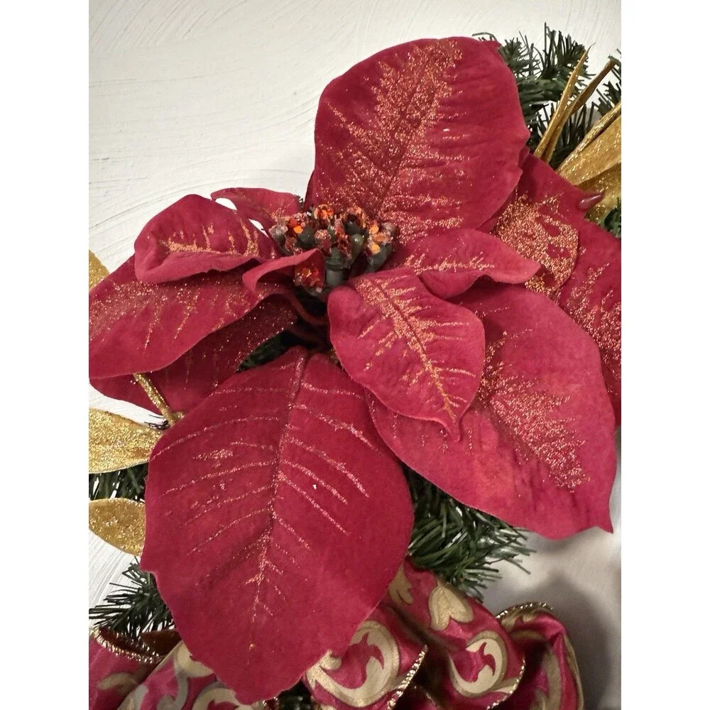 Festive Red Poinsettia & Gold Leaf Holiday Wreath